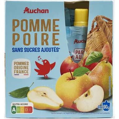 Auchan Gourdes purée de pomme poire allégées en sucres sans conservateur, 4x90g