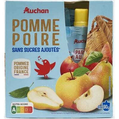 Auchan Gourdes purée de pomme poire allégées en sucres sans conservateur, 4x90g