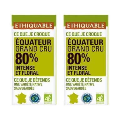 Ethiquable - Commerce Equitable Chocolat Noir 80% cacao Bio d'Equateur, Lot de 2x100g