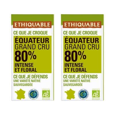 Ethiquable - Commerce Equitable Chocolat Noir 80% cacao Bio d'Equateur, Lot de 2x100g