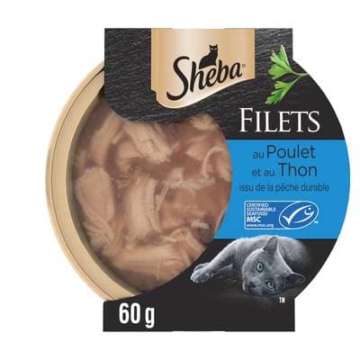 Sheba - Filets Barquette Poulet Thon MSC pour chat adulte, 60g