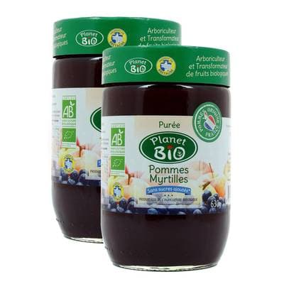 Planet Bio Purée pomme myrtille Bio sans sucre ajoutés, Lot de 2x630g