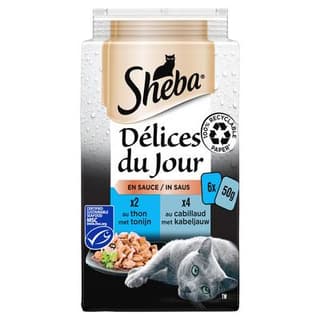 Sheba - Délices du Jour Sachets en Sauce Cabillaud et Thon MSC pour chat, 6x50g
