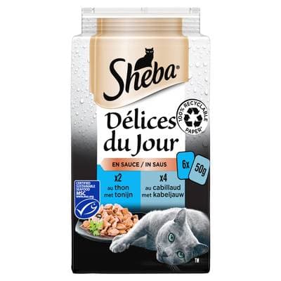 Sheba - Délices du Jour Sachets en Sauce Cabillaud et Thon MSC pour chat, 6x50g