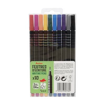 Auchan Feutres d'écriture pointe fine couleurs assorties, 10 feutres