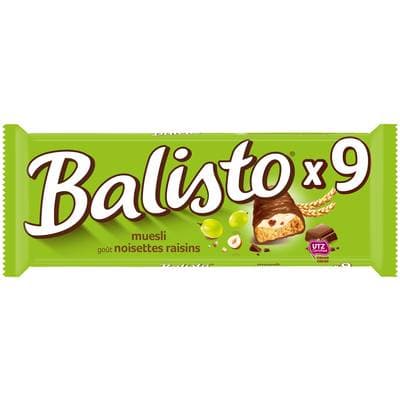 Balisto Barres chocolat noisettes et raisins, 9 barres