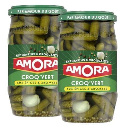 Amora Cornichons extra fins Croq'Vert épices et aromates, Lot de 2x370g