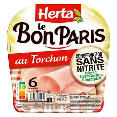 Herta Jambon au Torchon Le Bon Paris, Conservation Sans Nitrite, 6 tranches - 210g