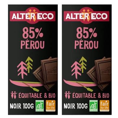 Alter Eco - Commerce Equitable Chocolat noir absolu 85% bio du Pérou, Lot de 2x100g