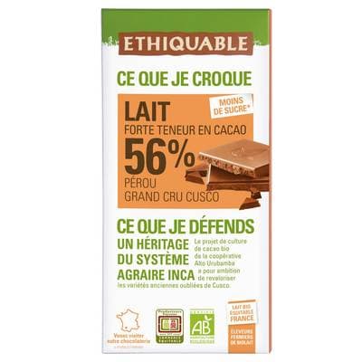 Ethiquable - Commerce Equitable Chocolat au Lait 56% du Pérou Bio, 100g