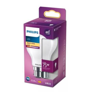 Philips Ampoule B22 - 8,5W blanc chaud dépoli, B22 75W