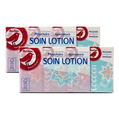 Auchan Paquets de mouchoirs ultra doux 4 épaisseurs, Lot de 2 x 12 paquets