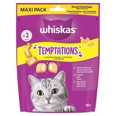 Whiskas Temptations au Poulet et Fromage - Friandise Récompense pour Chat, 180g