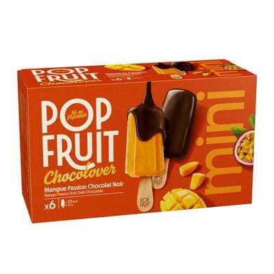 Pop' Fruit Bâtonnet 100% fruit mangue et fruit de la passion enrobé de chocolat noir, 6x47g