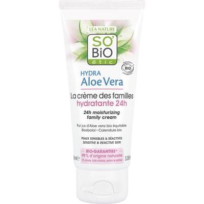 SO'BIO ETIC La crème hydratante 24h des familles, peaux sensibles et réactives, Hydra Aloe Vera, 100ml