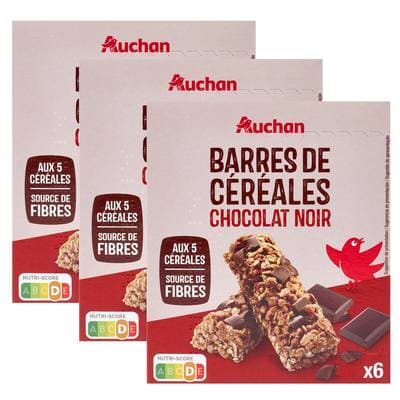 Auchan Barres de céréales au chocolat noir, Lot de 3x6 barres