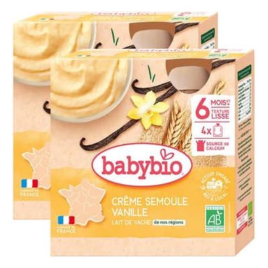 Babybio Dessert Lacté Crème Semoule Vanille Bio Gourde Bébé Dès 6 mois, Lot de 2 - 4x85g