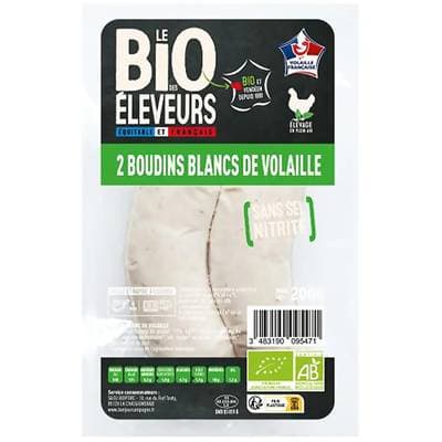 Le Bio des éleveurs Boudin Blanc de Volaille Bio Sans Nitrites, 2 pièces - 200g