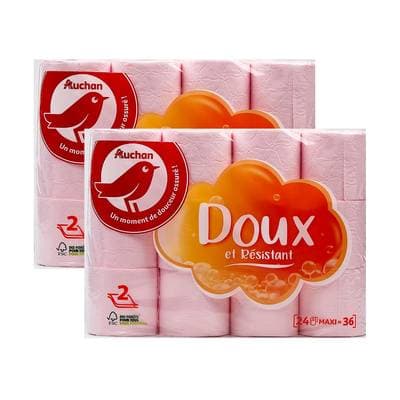 Auchan Papier toilette rose maxi doux et résistant 2 épaisseurs, Lot de 2x24 rouleaux