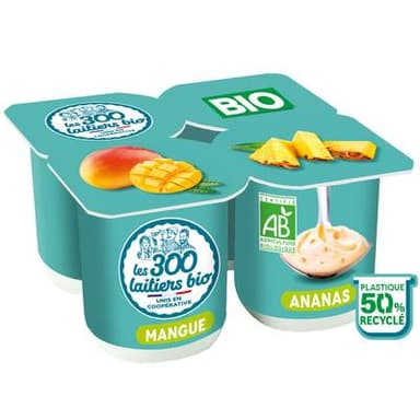 Les 300 laitiers bio Yaourt Mangue Ananas, 4x125g
