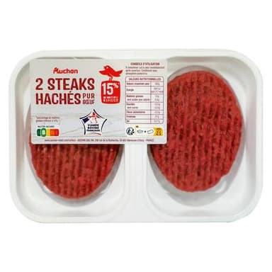 Auchan Steaks Hachés Pur Boeuf 15%MG, 2x100g