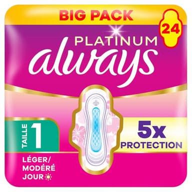 Always Serviettes Hygiéniques avec Ailettes Léger / Modéré Jour Taille 1 Platinum, 24 serviettes