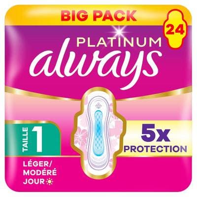 Always Serviettes Hygiéniques avec Ailettes Léger / Modéré Jour Taille 1 Platinum, 24 serviettes
