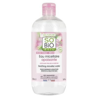SO'BIO ETIC Eau micellaire apaisante, jus d'Aloe vera bio équitable, peaux sensibles à réactives, 500ml