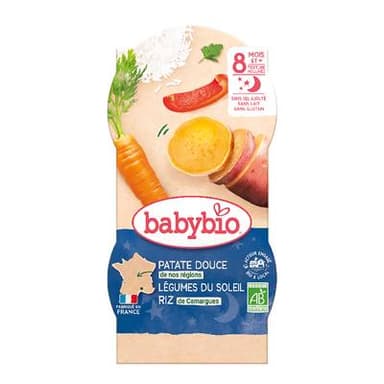 Babybio Patate Douce, Légumes du soleil, Riz de Camargue Bio Bol Bébé Dès 8 mois, 2x200g