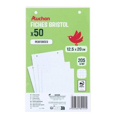 Auchan Fiches bristol perforées 12,5x20cm petits carreaux, 50 fiches