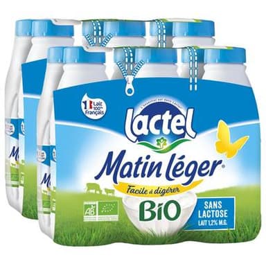 Matin Léger de Lactel Lait sans lactose Bio 1,2% mg, Lot de 2 - 6x1L