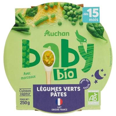 Auchan Baby Bio Légumes verts et pâtes Bio Assiette bébé dès 15 mois, 250g