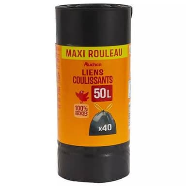 Auchan Sacs poubelle liens coulissants 50L maxi rouleau, 40 sacs poubelles