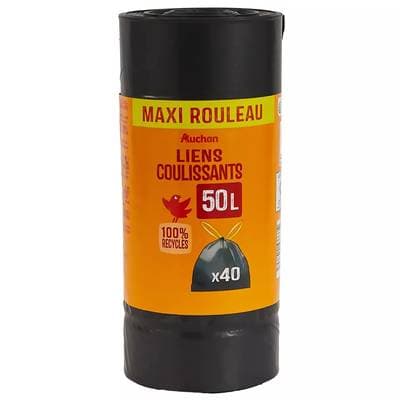Auchan Sacs poubelle liens coulissants 50L maxi rouleau, 40 sacs poubelles