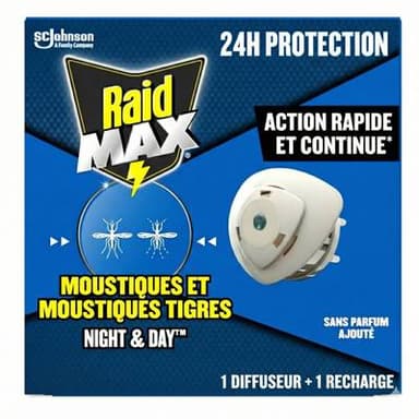 Raid Max Recharges Diffuseur Électrique Moustiques et Moustiques Tigres, 1 diffuseur + 1 recharge