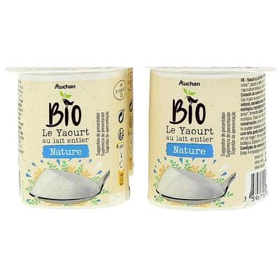 Auchan BIO Yaourt bio au lait entier nature, 4x125g