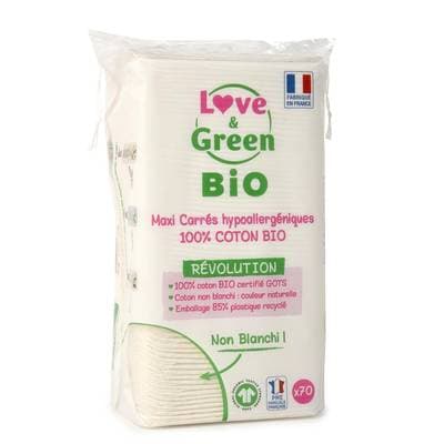 Love & Green Maxi-Carrés 100% Coton BIO - Non Blanchis, 70 pièces
