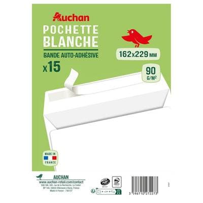 Auchan 15 enveloppes blanches auto-adhésives, Dimensions 162 x 229 mm