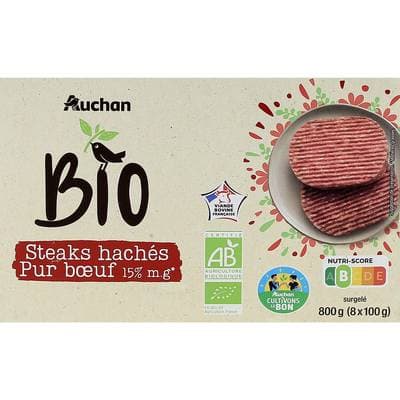 Auchan BIO Steak haché bio pur boeuf 15% mg, 8x100g