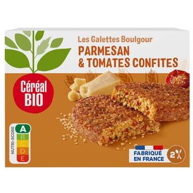 Céréal Bio 2 Galettes Végétales Boulgour de Blé Parmesan Tomates Confites Bio, 2x100g