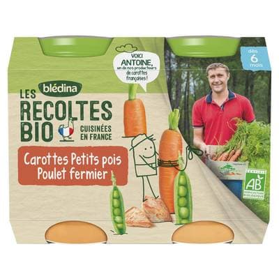 Blédina - Les Récoltes Bio Brocolis Carottes Petits pois Poulet Fermier Bio Pot Bébé Dès 6 mois, 2x200g