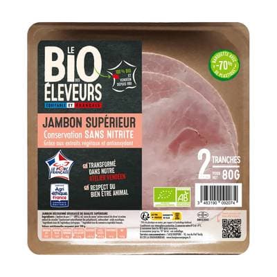 Le Bio des éleveurs Jambon cuit bio supérieur découenné dégraissé sans nitrite, 2 tranches - 80g