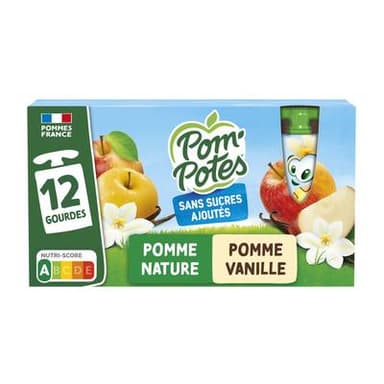 Pom Potes Compote Gourdes Pomme et Pomme Vanille, 12 gourdes de 90g