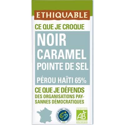 Ethiquable - Commerce Equitable Chocolat Noir Caramel pointe de sel 65% Cacao Bio du Pérou ou Equteur, 100g
