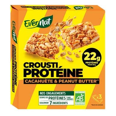 Evernat Barre Crousti Protéines Cacahuète Peanut Butter bio, 3x40g