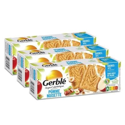 Gerblé Teneur Réduite 16 Biscuits Pomme Noisettes -61% de sucres en moins, Lot de 3x230g