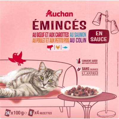 Auchan Sachets émincés en sauce viandes et poissons pour chat stérilisés, 24x100g