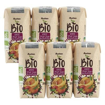 Auchan BIO Pur jus multifruits bio, Lot de 2 - 6x20cl