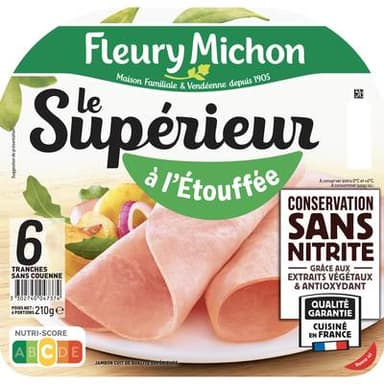 Fleury Michon Jambon Supérieur Cuit à l'Etouffée Conservation Sans Nitrite, 6 tranches - 210g