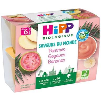 Hipp - Saveurs du Monde Pommes Goyaves Bananes Bio Coupelle Bébé Dès 6 mois, 4x100g